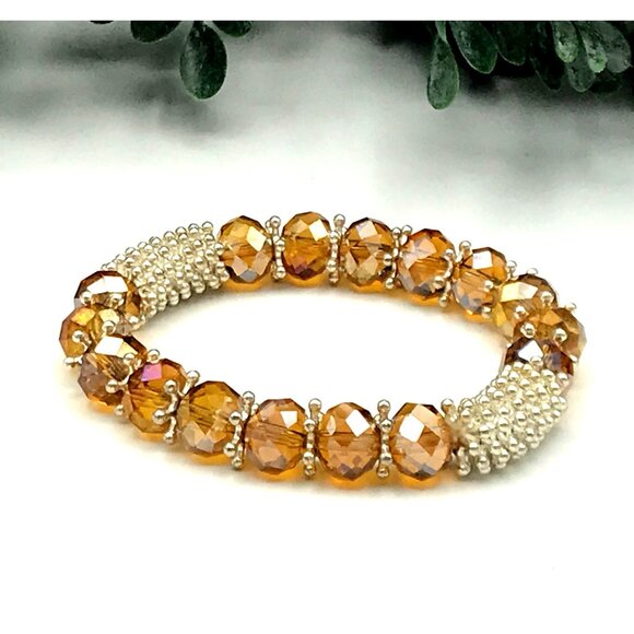 Vintage Glass orange beads Gold Crystal & Pearl Beaded Stretch Bracelet - Picture 3 of 3